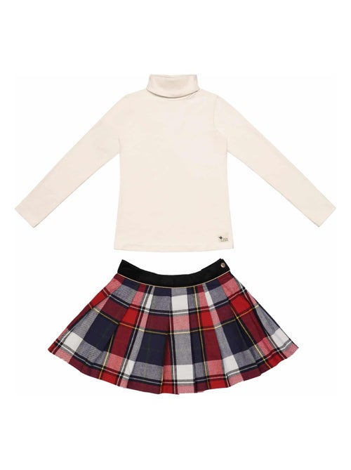 Ensemble   Jupe écossaise tartan bleu rouge & sous-pull beige - 'LA FAUTE A VOLTAIRE' - Kiabi