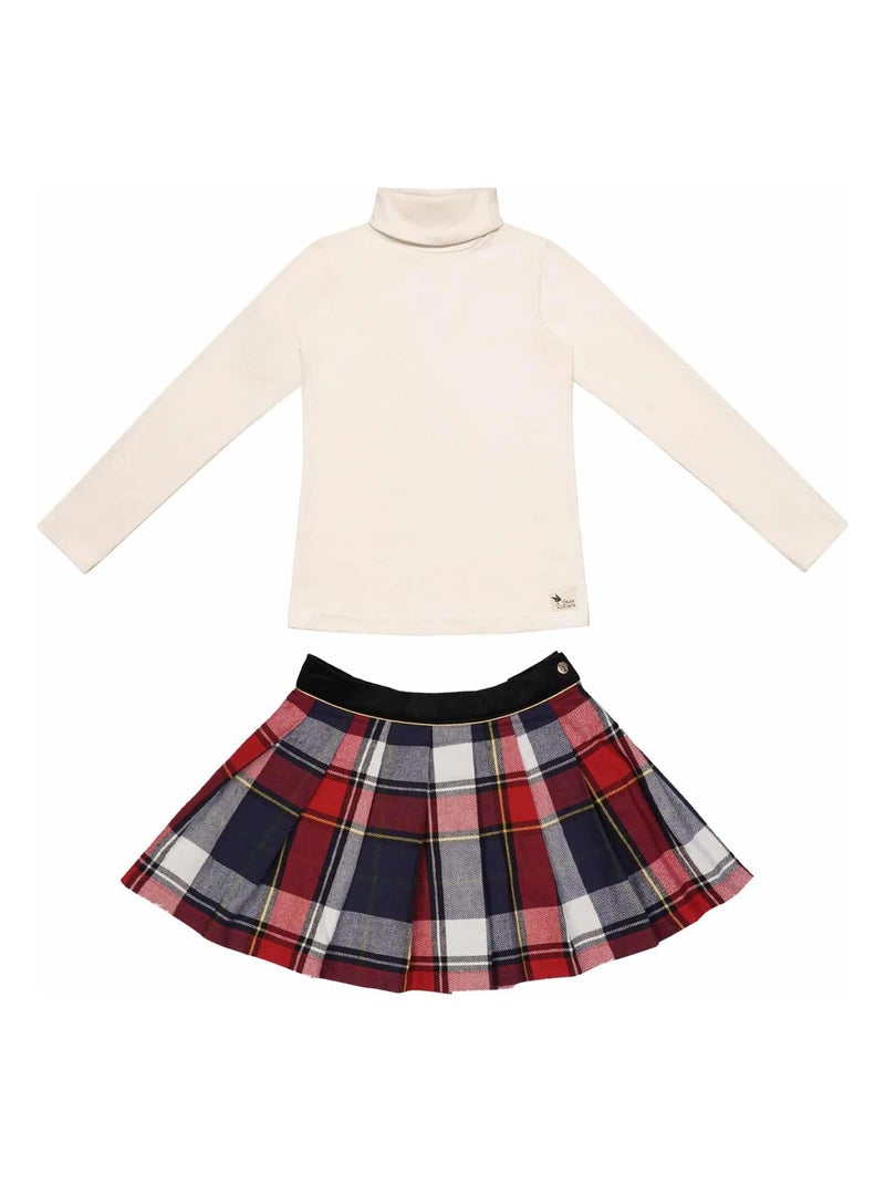 Ensemble   Jupe écossaise tartan bleu rouge & sous-pull beige - 'LA FAUTE A VOLTAIRE' Bleu marine - Kiabi