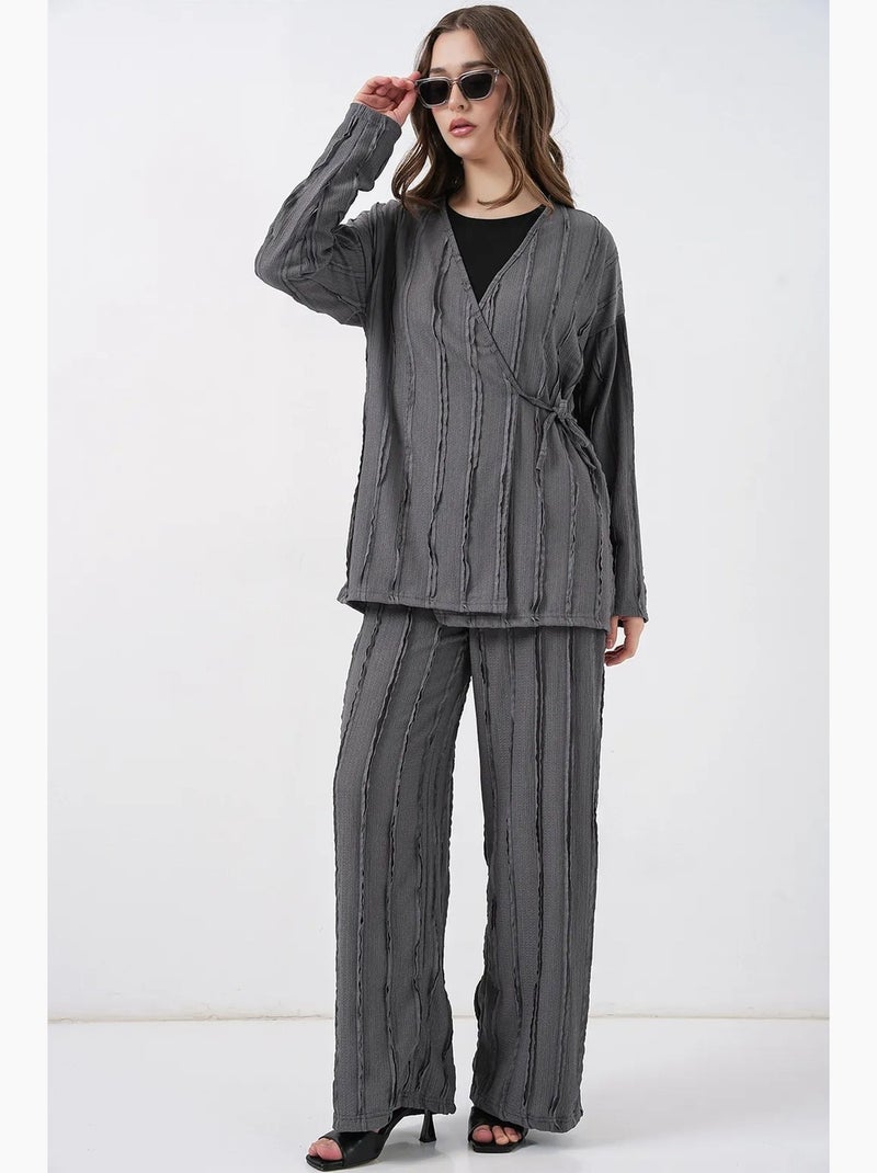Ensemble kimono et pantalon large à col en v texturé et détail cravate bdart Gris - Kiabi