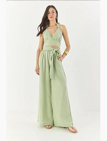 Ensemble lin naturel pantalon court taille élastique lucci