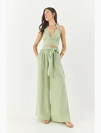 Ensemble lin naturel pantalon court taille élastique lucci