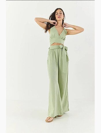 Ensemble lin naturel pantalon court taille élastique lucci