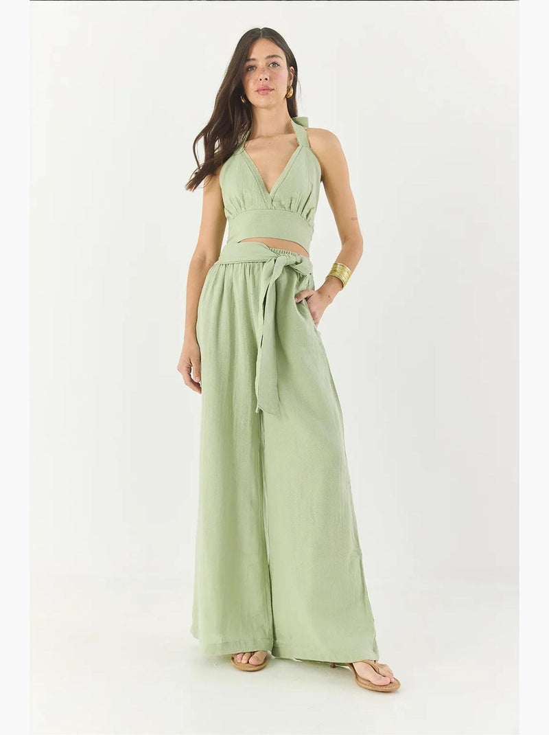 Ensemble lin naturel pantalon court taille élastique lucci Vert tilleul - Kiabi
