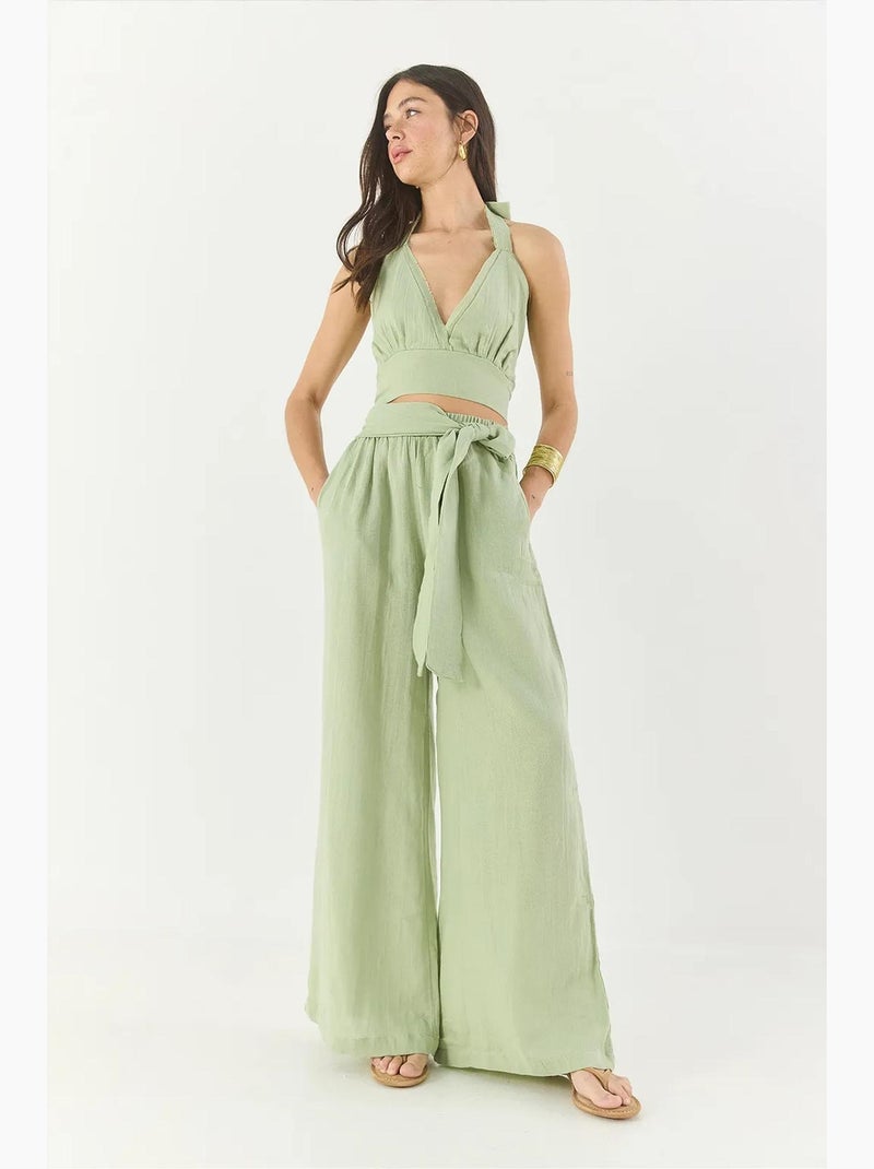 Ensemble lin naturel pantalon court taille élastique lucci Vert tilleul - Kiabi