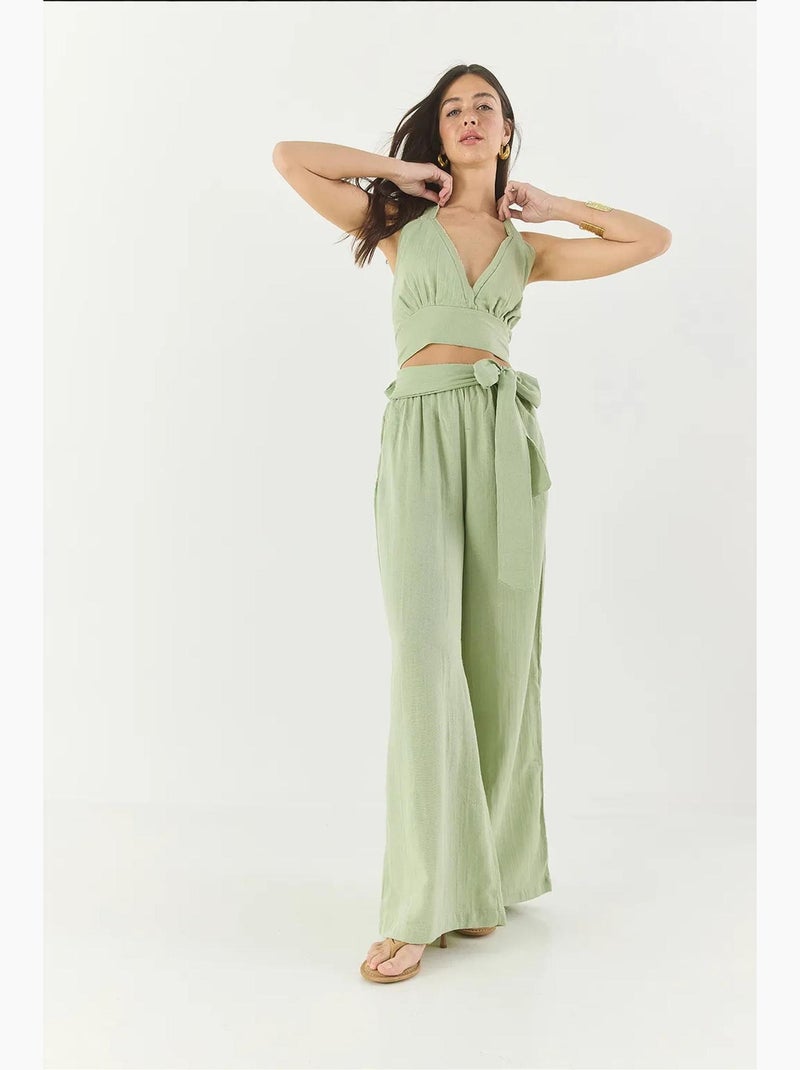 Ensemble lin naturel pantalon court taille élastique lucci Vert tilleul - Kiabi