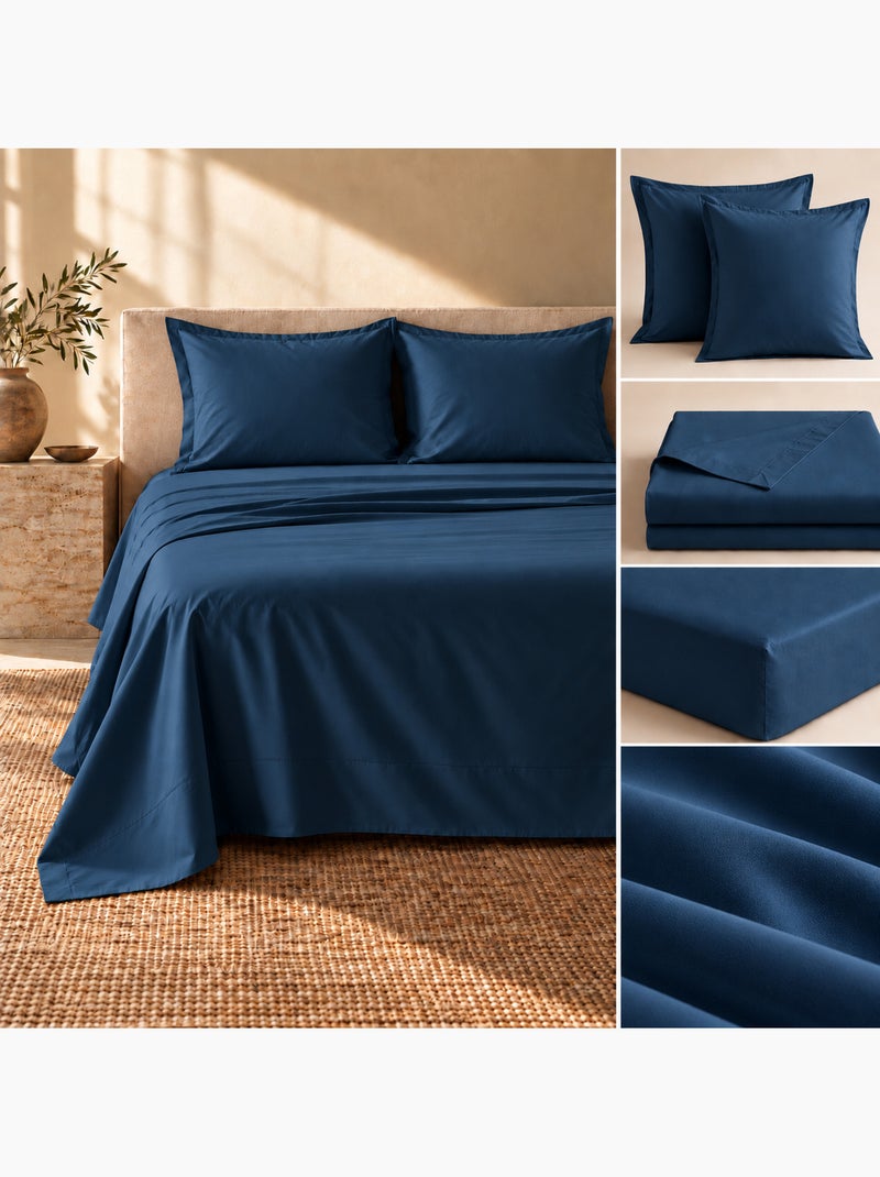 Ensemble literie 4 pièces – drap plat + drap housse + 2 taies – percale 78 fils Bleu - Kiabi