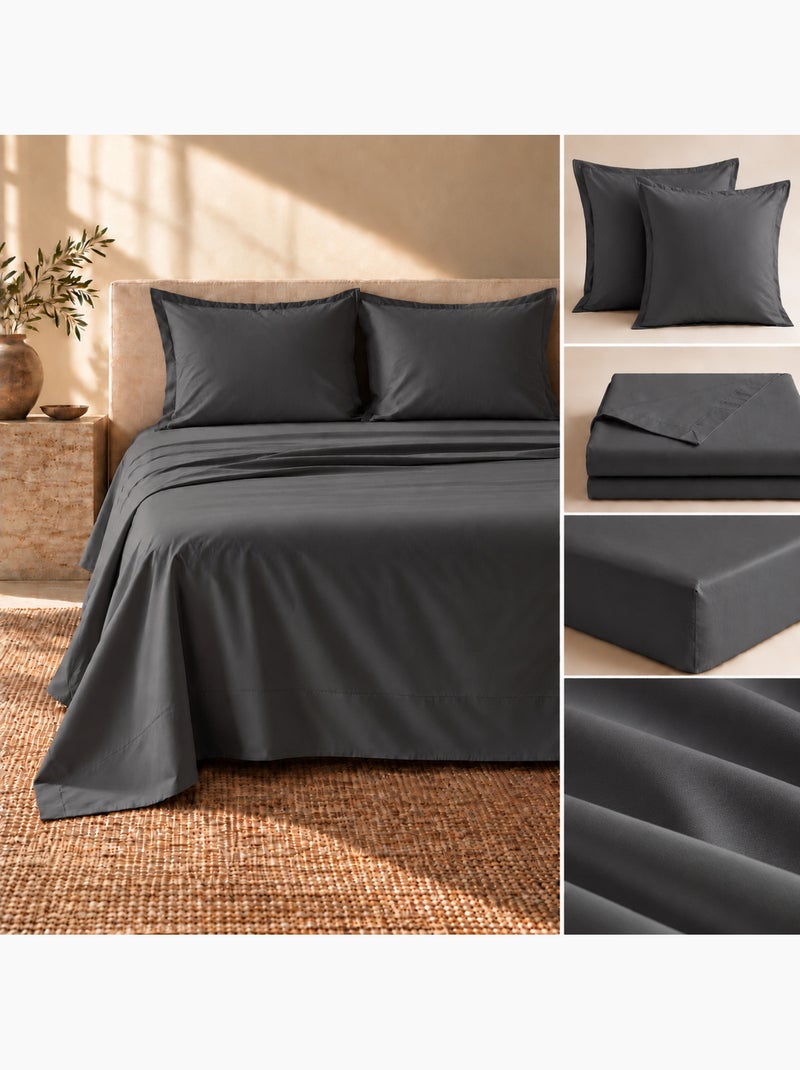 Ensemble literie 4 pièces – drap plat + drap housse + 2 taies – percale 78 fils gris anthracite - Kiabi