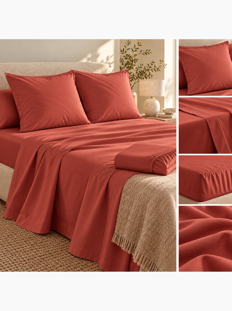 Ensemble literie 4 pièces – drap plat + drap housse + 2 taies – percale 78 fils Terracotta - Kiabi