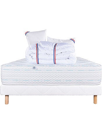 Ensemble literie avec matelas mémoire de forme 24 cm, sommier blanc, oreillers et couette