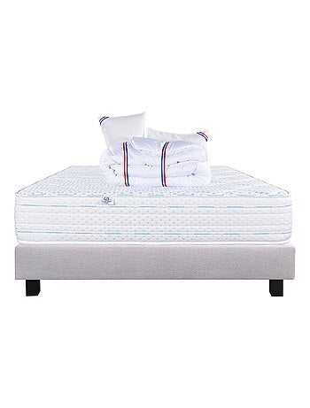 Ensemble literie mousse mémoire de forme 24 cm + sommier gris + oreillers + couette