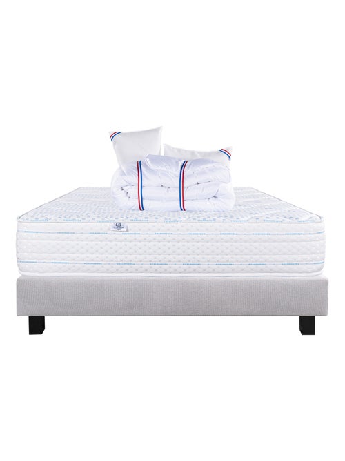Ensemble literie mousse mémoire de forme 24 cm + sommier gris + oreillers + couette - Kiabi Ensemble literie mousse mémoire de forme 24 cm + sommier gris + oreillers + couette - Kiabi