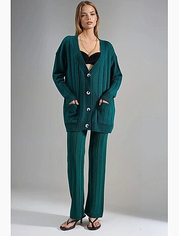 Ensemble maille texturée cardigan col v pantalon jambes larges my fashion