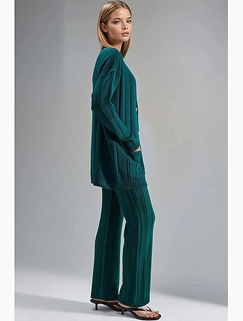 Ensemble maille texturée cardigan col v pantalon jambes larges my fashion