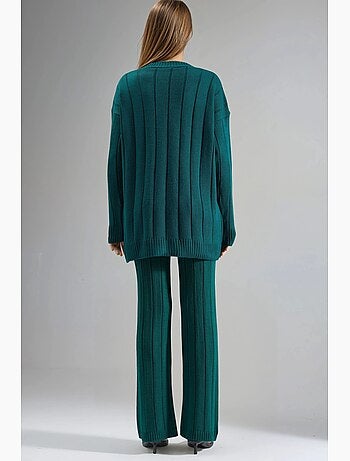 Ensemble maille texturée cardigan col v pantalon jambes larges my fashion