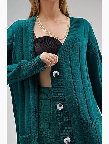 Ensemble maille texturée cardigan col v pantalon jambes larges my fashion