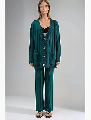 Ensemble maille texturée cardigan col v pantalon jambes larges my fashion