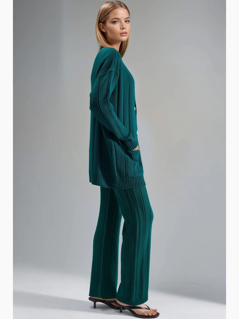 Ensemble maille texturée cardigan col v pantalon jambes larges my fashion Vert foncé - Kiabi
