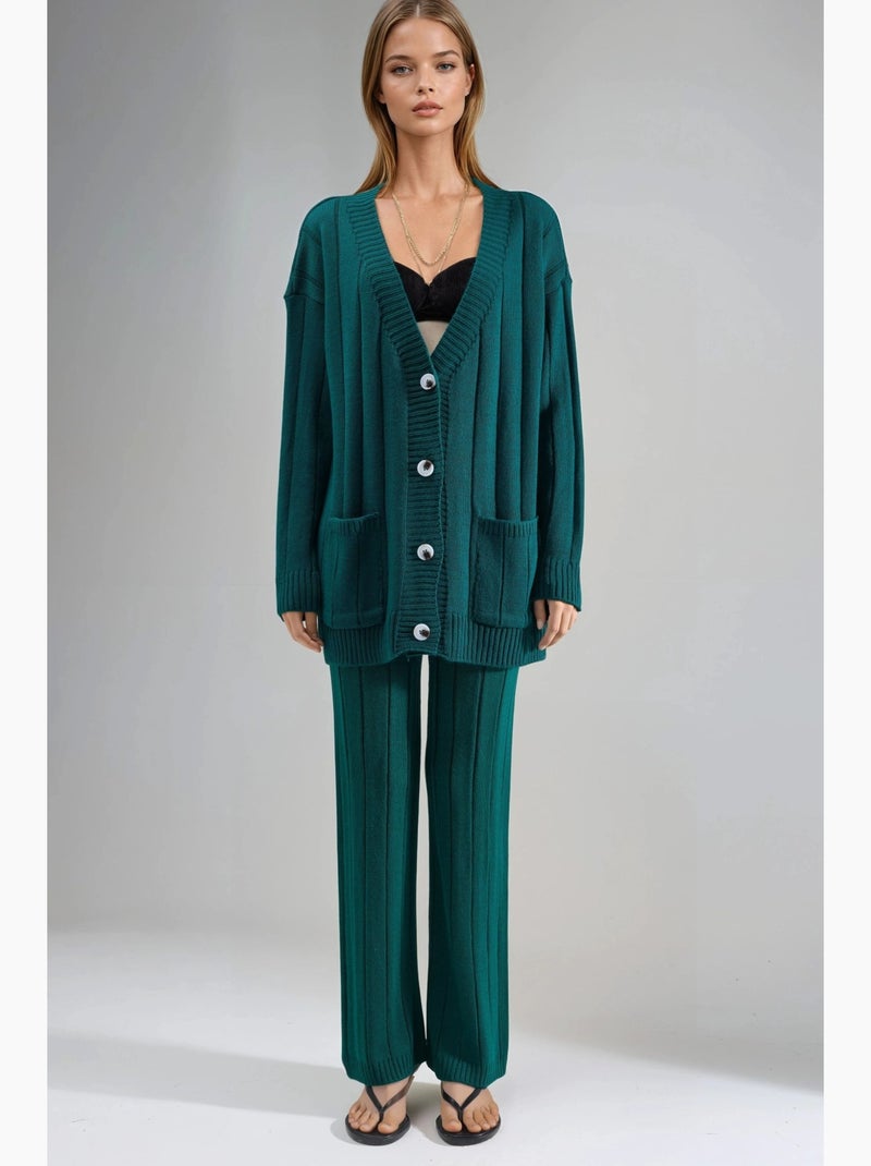 Ensemble maille texturée cardigan col v pantalon jambes larges my fashion Vert foncé - Kiabi