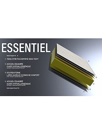 Ensemble Matelas 100% latex 3 zones ESSENTIEL + Sommier Fabriqué en France , Sommier Gris chiné