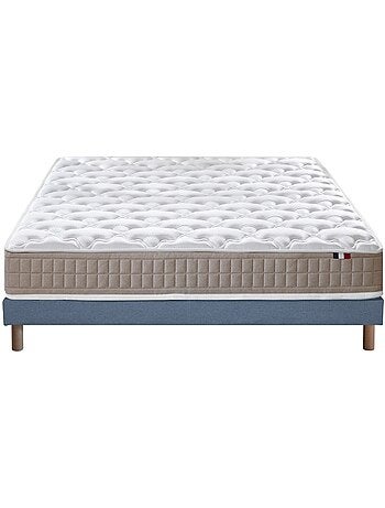 Ensemble Matelas 100% latex 3 zones PURE + Sommier Fabriqué en France , Sommier Bleu denim
