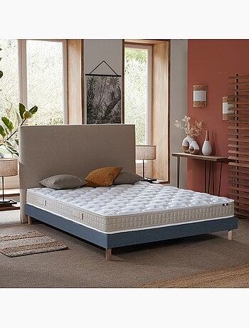 Ensemble Matelas 100% latex 3 zones PURE + Sommier Fabriqué en France , Sommier Bleu denim