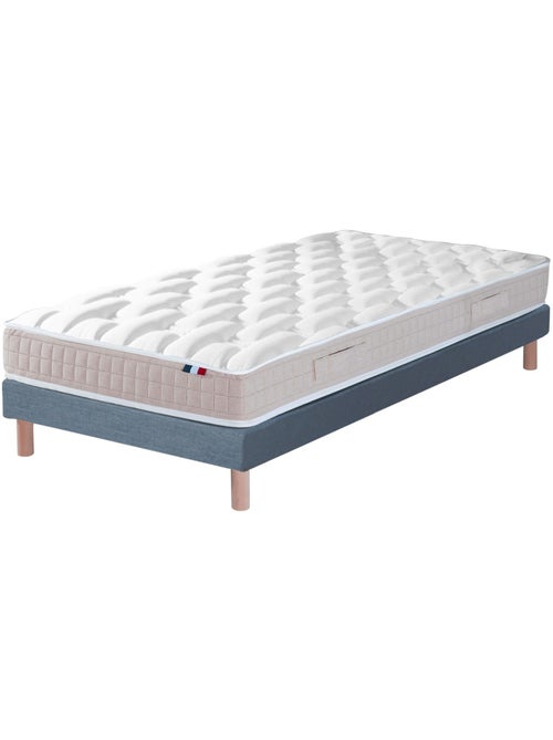 Ensemble Matelas 100% latex 5 zones ORIGINEL + Sommier - Spécial Dos Sensible - Bleu denim - Kiabi Ensemble Matelas 100% latex 5 zones ORIGINEL + Sommier - Spécial Dos Sensible - Bleu denim - Kiabi