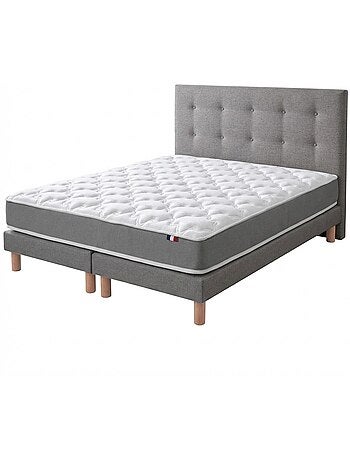 Ensemble matelas haute resilience, H16, sommier et tete de lit capitonnee gris