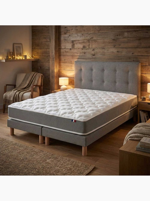 Ensemble matelas haute resilience, H16, sommier et tete de lit capitonnee gris - Kiabi Ensemble matelas haute resilience, H16, sommier et tete de lit capitonnee gris - Kiabi