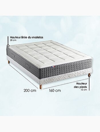 Ensemble matelas ressorts 7 zones H28 sommier gris chiné 160x200