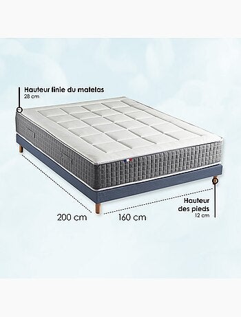Ensemble matelas ressorts 7 zones H28 sommier gris chiné 160x200