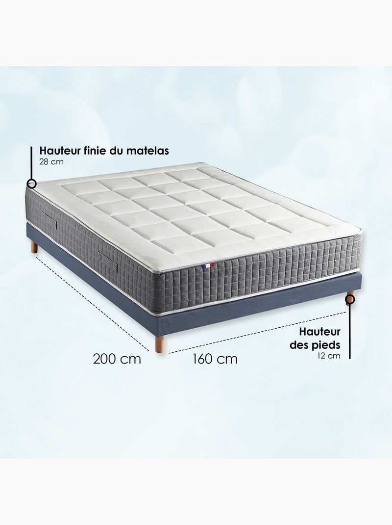 Ensemble matelas MAX ressorts 7 zones H28 + sommier bleu denim 160x200 Blanc Bleu - Kiabi
