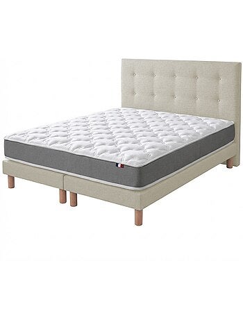 Ensemble matelas mousse accueil memoire de forme, H16, sommier et tete de lit capitonnee beige