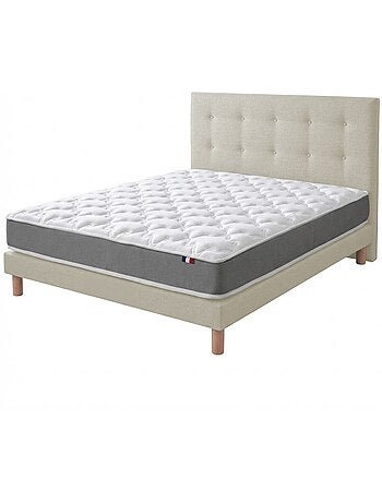 Ensemble matelas mousse, H16, 35Kg/m3, sommier, tete de lit capitonee beige