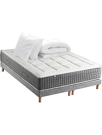 Ensemble Matelas Ressort 7 zones H.28cm + Sommier + couette + oreillers MAX - Gris chiné