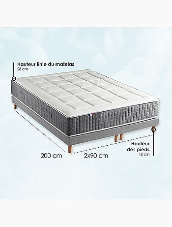 Ensemble Matelas Ressort 7 zones H.28cm + Sommier + couette + oreillers MAX - Gris chiné