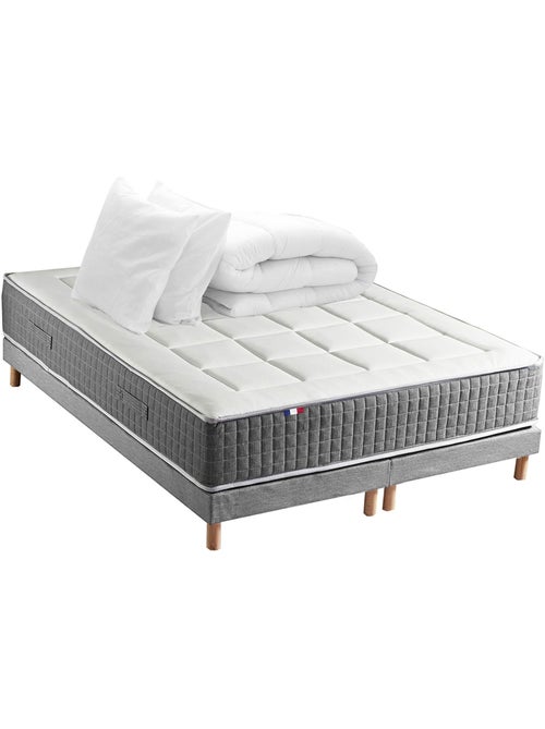 Ensemble Matelas Ressort 7 zones H.28cm + Sommier + couette + oreillers MAX - Gris chiné - Kiabi Ensemble Matelas Ressort 7 zones H.28cm + Sommier + couette + oreillers MAX - Gris chiné - Kiabi