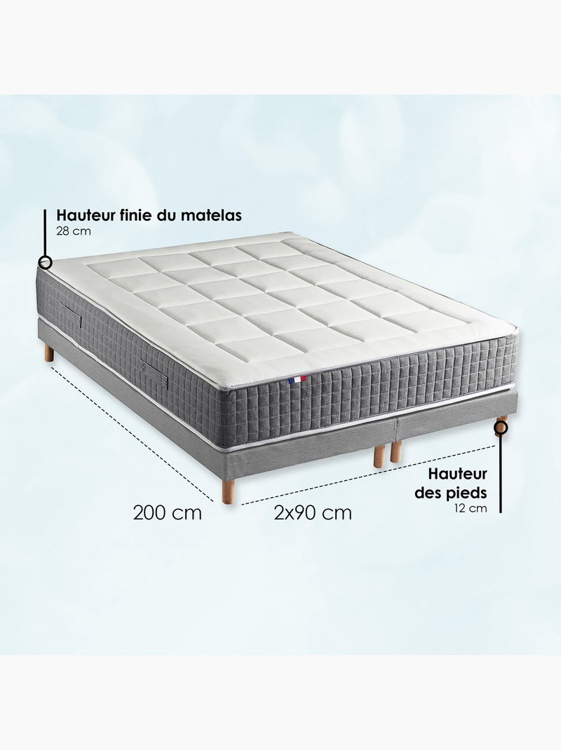 Ensemble Matelas Ressort 7 zones H.28cm + Sommier + couette + oreillers MAX - Gris chiné Blanc Gris - Kiabi