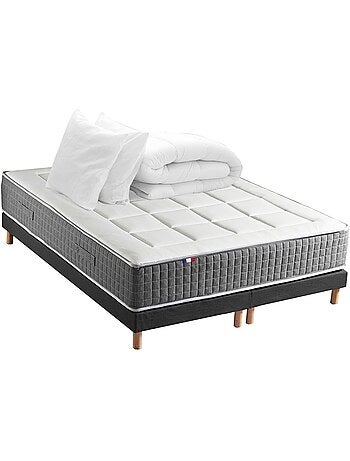 Ensemble Matelas Ressort 7 zones H.28cm + Sommier + couette + oreillers MAX - Gris chiné