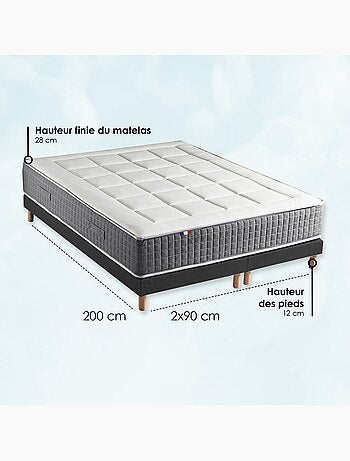 Ensemble Matelas Ressort 7 zones H.28cm + Sommier + couette + oreillers MAX - Gris chiné