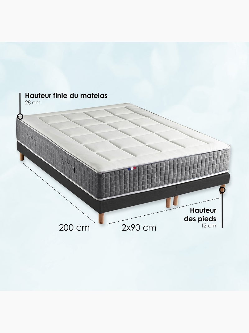 Ensemble Matelas Ressort 7 zones H.28cm + Sommier + couette + oreillers MAX - Noir gris anthracite - Kiabi