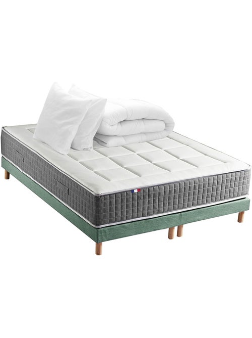 Ensemble Matelas Ressort 7 zones H.28cm + Sommier + couette + oreillers MAX - Vert celadon - Kiabi Ensemble Matelas Ressort 7 zones H.28cm + Sommier + couette + oreillers MAX - Vert celadon - Kiabi