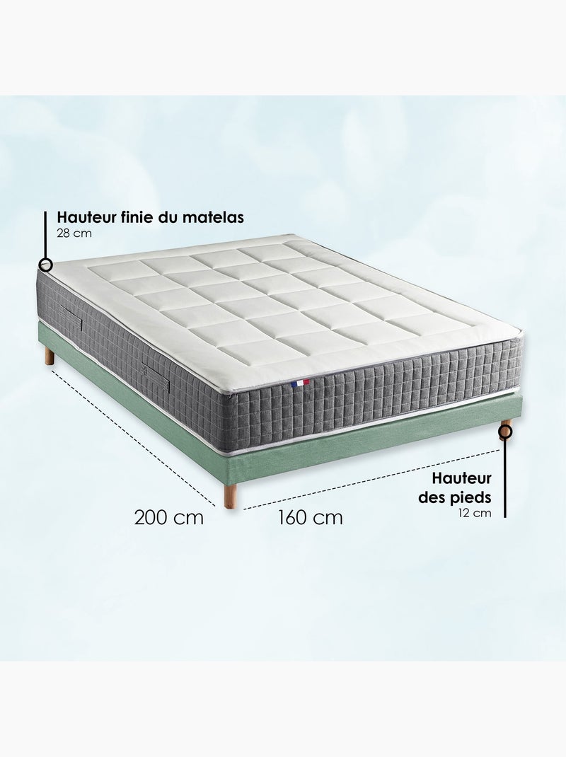 Ensemble Matelas Ressort 7 zones H.30cm + Sommier MAX - 160 x 200 cm, Vert celadon Blanc Vert - Kiabi