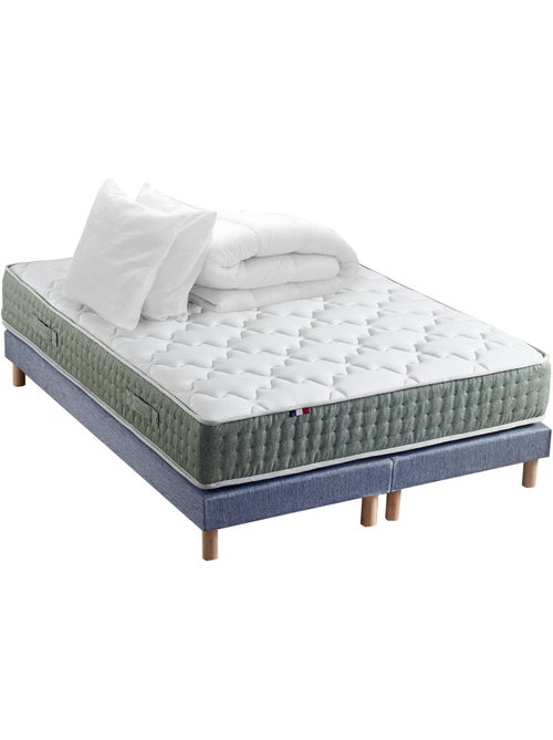 Ensemble matelas Ressort 7 zones HYGGE + Sommier + couette + oreillers Bleu denim - Kiabi Ensemble matelas Ressort 7 zones HYGGE + Sommier + couette + oreillers Bleu denim - Kiabi