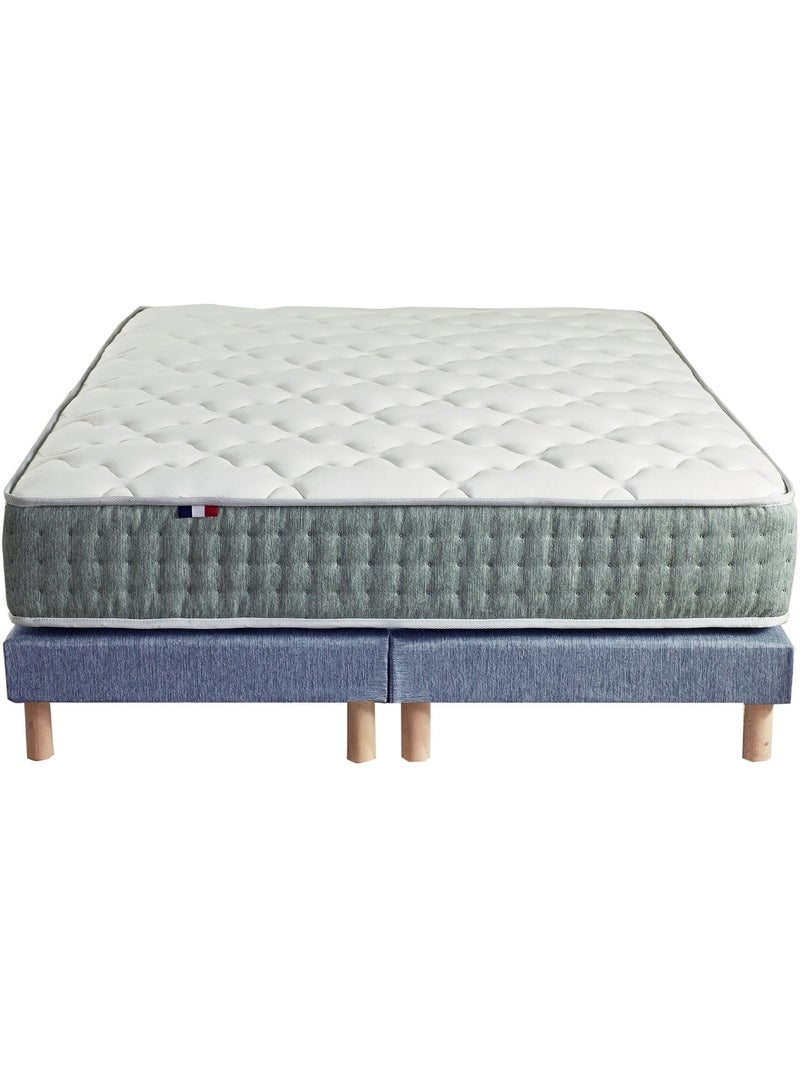 Ensemble matelas Ressort 7 zones HYGGE + Sommier + couette + oreillers Bleu denim Blanc Bleu - Kiabi