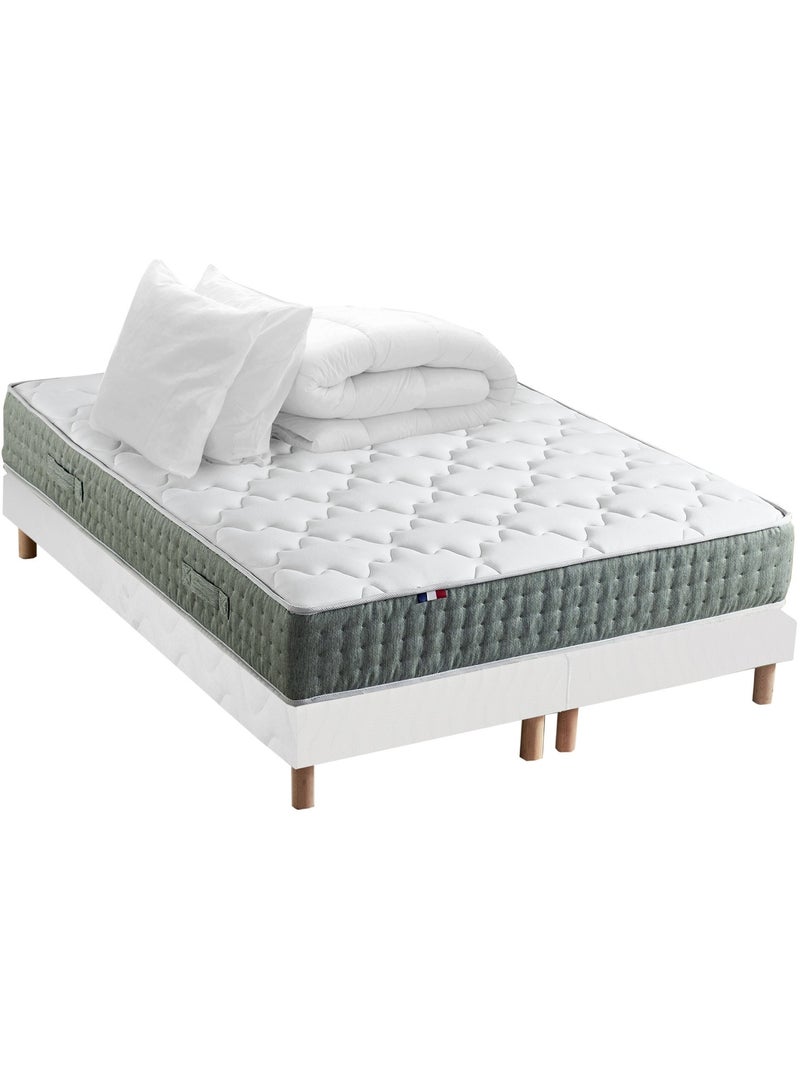 Ensemble matelas Ressort 7 zones HYGGE + Sommier + couette + oreillers Fabriqué en France - Blanc Blanc Vert - Kiabi