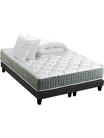 Ensemble matelas Ressort 7 zones HYGGE + Sommier + couette + oreillers Gris chiné