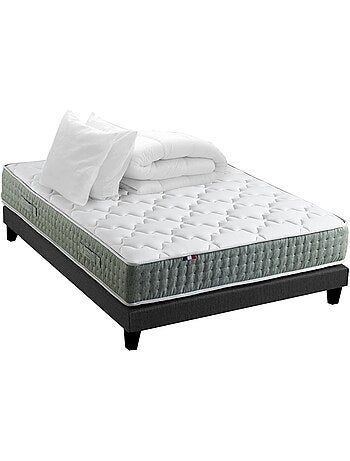 Ensemble matelas Ressort 7 zones HYGGE + Sommier + couette + oreillers Fabriqué en France - Noir