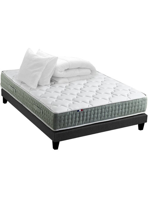Ensemble matelas Ressort 7 zones HYGGE + Sommier + couette + oreillers Fabriqué en France - Noir - Kiabi Ensemble matelas Ressort 7 zones HYGGE + Sommier + couette + oreillers Fabriqué en France - Noir - Kiabi