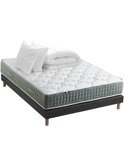 Ensemble matelas Ressort 7 zones HYGGE + Sommier + couette + oreillers Fabriqué en France - Noir - Kiabi Ensemble matelas Ressort 7 zones HYGGE + Sommier + couette + oreillers Fabriqué en France - Noir - Kiabi