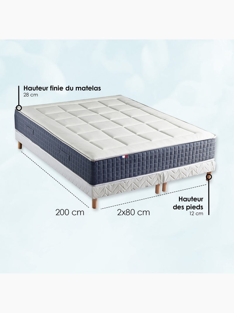 Ensemble matelas ressort 7 zones KING STYLE, mémoire de forme, sommier, couette, oreillers - Blanc Blanc Bleu - Kiabi